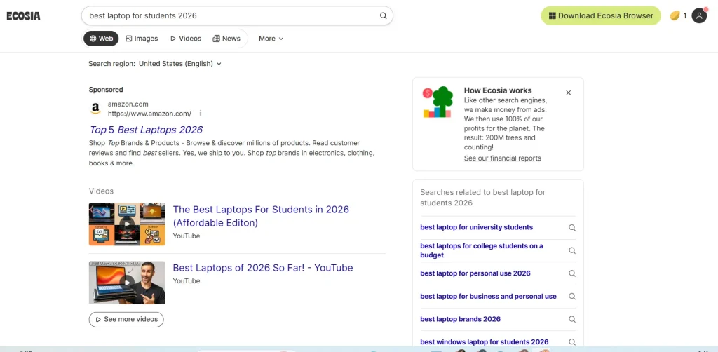 Search engine of ecosia