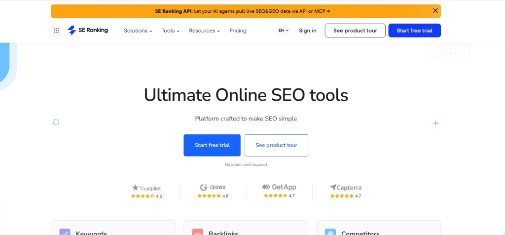 the website of SE Ranking- best keyword clustering tools