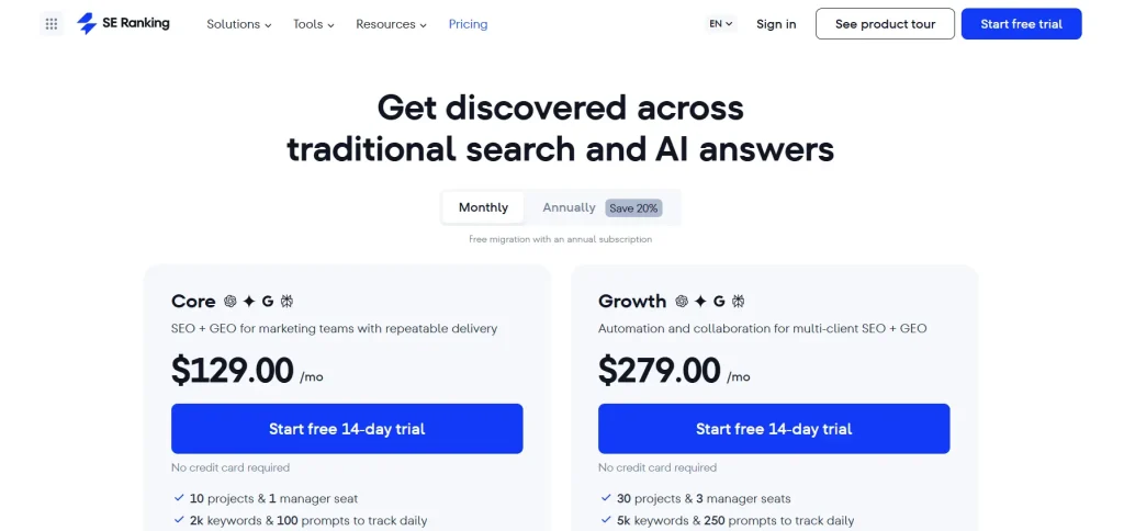 SE ranking pricing plans 