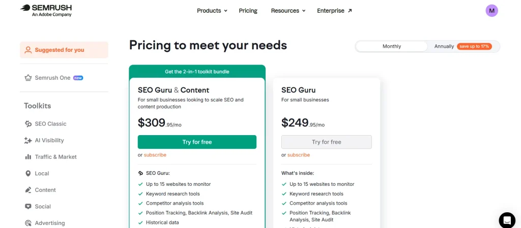 the pricing plan for semrush 