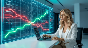 A professional blonde woman in a white blazer táctically analyzing a glowing, futuristic digital SEO battle map projecting keyword and traffic data in a modern office.