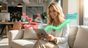A smiling professional blonde woman sits on a sofa, happily observing an iPad project glowing 3D paths that visually solve a cart abandonment problem, using AI optimization for the user journey.