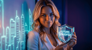 A close-up photograph of a confident professional blonde woman smiling directly at the camera with a knowing expression. She holds a sleek, polished shield of metal and crystal that dramatically glows with the text 'FUTURE-PROOFED', against a moody, futuristic cityscape background.