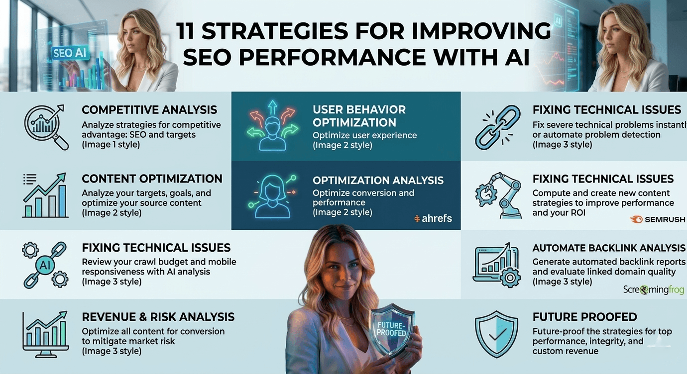 A clean, professional master banner infographic titled '11 STRATEGIES FOR IMPROVING SEO PERFORMANCE WITH AI'. It clearly breaks down all 11 strategies into six main content blocks using easy-to-read typography and concise icons, establishing a complete visual roadmap.