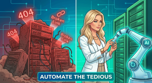 A stylized infographic graphic showing a chaotic, dusty server rack with glowing red 404 errors and broken link symbols. A blonde woman points to a sleek, friendly robotic arm labeled 'AI' efficiently fixing and automating the technical SEO problems, with a banner that reads: 'AUTOMATE THE TEDIOUS'.