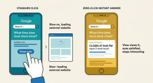 Minimalist vector illustration comparing a standard search result leading to an external website, and a zero-click result providing an instant answer on mobile.
