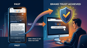 An infographic illustrating a user journey from seeing an expert source cited in a zero-click AI overview to later performing a direct brand search.