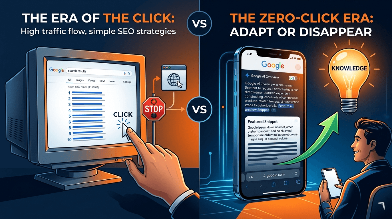 A split illustration comparing a traditional 2018 Google search result needing a click, with a 2024 smartphone showing a Zero-Click instant answer.