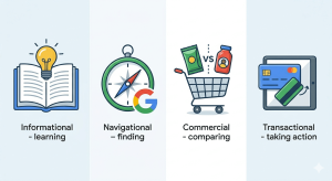 A grid of four stylized vector icons representing the categories of search intent: a book with a lightbulb (Informational), a compass and a logo (Navigational), a shopping cart with two products being compared (Commercial), and a credit card being swiped on a tablet (Transactional).