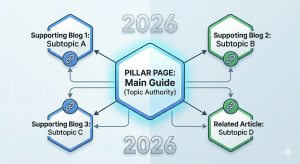 A professional diagram illustrating a content cluster strategy. A large, central hexagon is labeled "PILLAR PAGE: Main Guide (Topic Authority)". Multiple smaller hexagons labeled "Supporting Blog" radiate outwards, all connected by arrows and glowing lines showing internal links pointing back to the pillar.