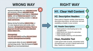 A colorful split vector illustration. The left panel, "WRONG WAY," shows messy, keyword-stuffed text. The right panel, "RIGHT WAY," shows clean, organized content with a clear H1, descriptive H2 and H3 headings, and an optimized title and meta description. Arrows connect the wrong way to the right way.