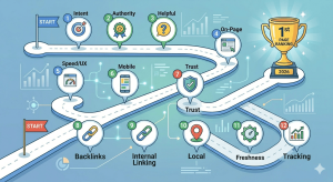 A comprehensive infographic presented as a 12-step winding 'roadmap' in a modern digital style. Numbered circular nodes (1 to 12) with icons and short headers represent each optimization step mentioned in the blog, leading from a 'START' flag to a '1st PAGE RANKING 2026' trophy.