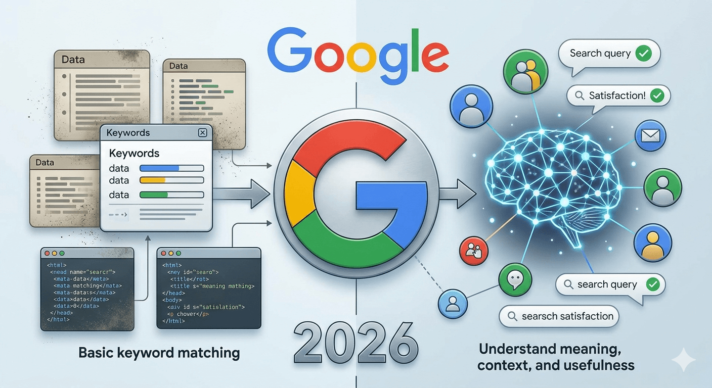 A clean infographic illustrating the evolution of Google's algorithm. On the left, "Basic keyword matching" is shown with old, dusty data cards. On the right, "Understand meaning, context, and usefulness" is represented by a glowing blue neural network (brain). The Google "G" logo and the year "2026" are centered.
