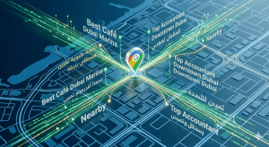 A high-tech digital map visualization showing data streams and local search keywords like "Best Café Dubai Marina" converging on a single, verified Google Business Profile location pin in a Dubai neighborhood.