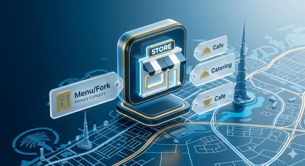 A 3D stylized illustration showing a central business icon connecting to various service tags like "Restaurant" and "Catering" over a digital map of Dubai, visually representing primary and secondary Google Business Profile categories.