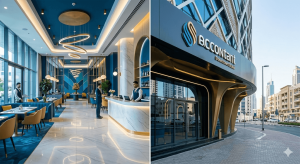 A professional split-panel photo featuring a high-quality interior shot of a modern business (like a premium café) and a clear exterior shot of its facade on a Dubai street, demonstrating effective GBP photo optimization.