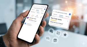 A close-up photograph of a smartphone screen showing a 5-star Google review notification with digital engagement icons floating around it, representing active review management and regular posting for UAE businesses.