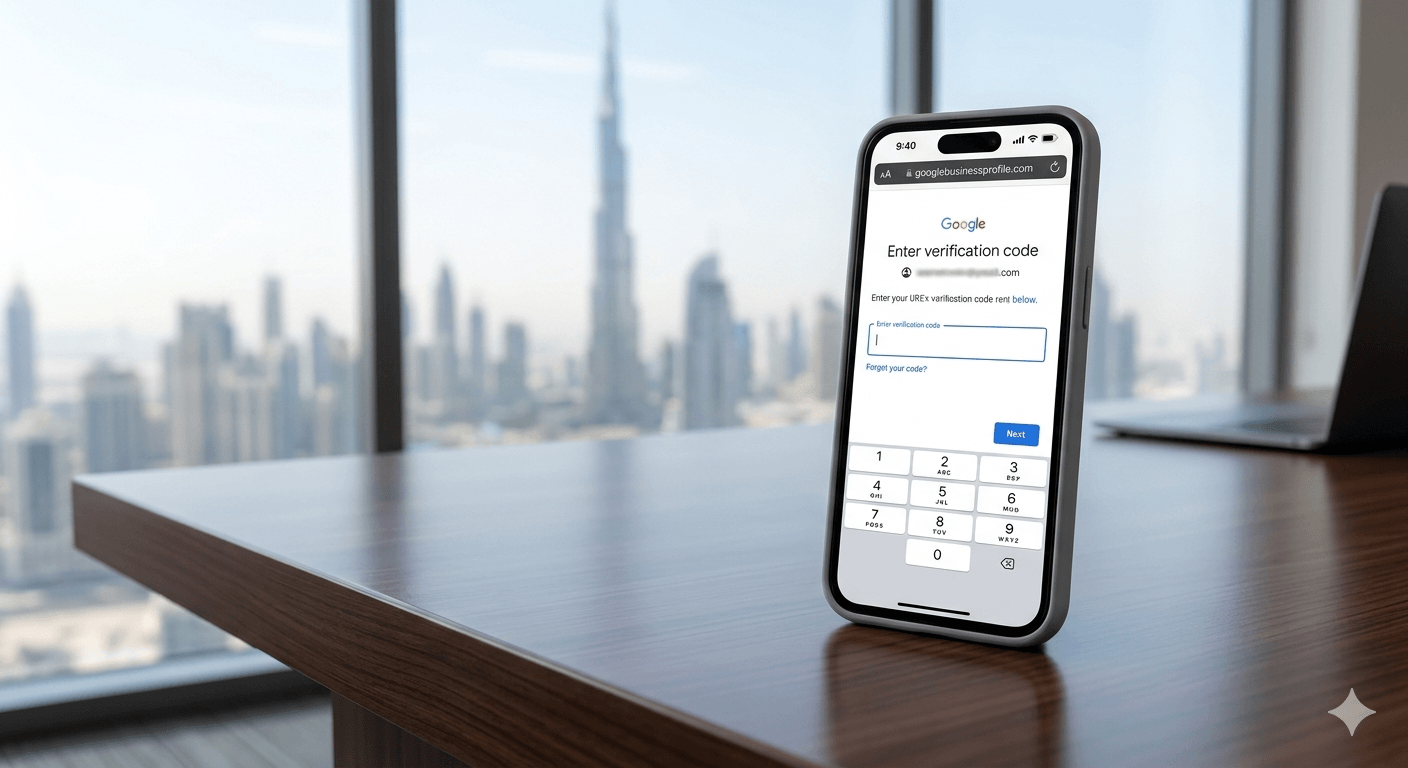 A smartphone on a desk displaying the Google Business Profile verification screen with the Dubai skyline blurred in the background, illustrating the essential first step for UAE local SEO.